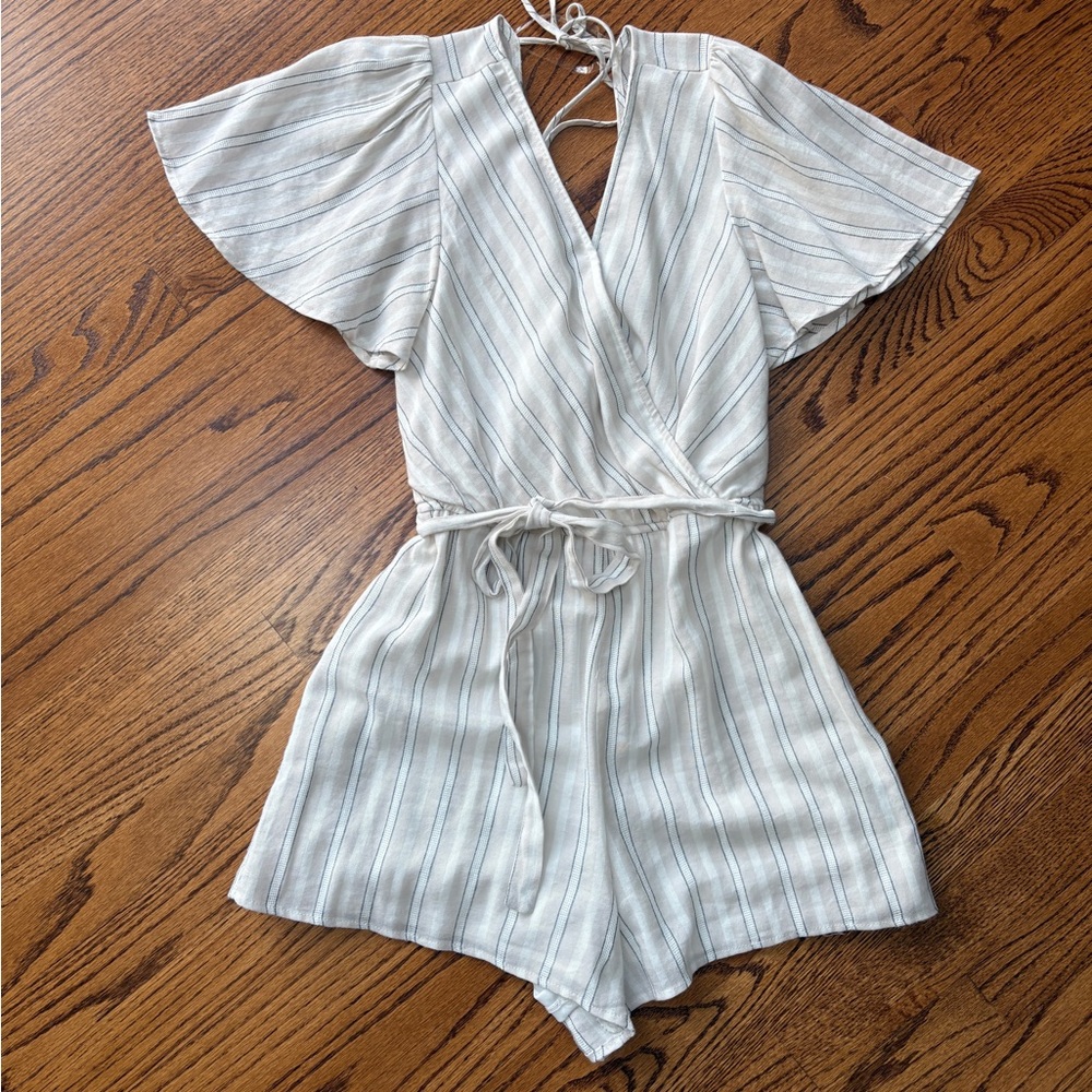 Trixxi White, Cream and Gray Linen Striped Romper Fully Lined